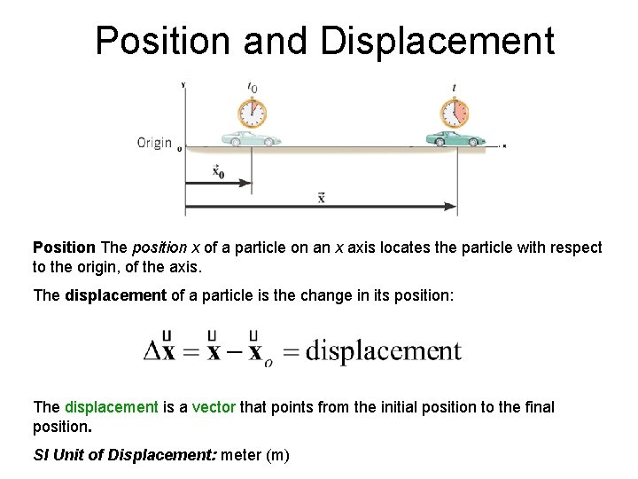 Position and Displacement Position The position x of a particle on an x axis