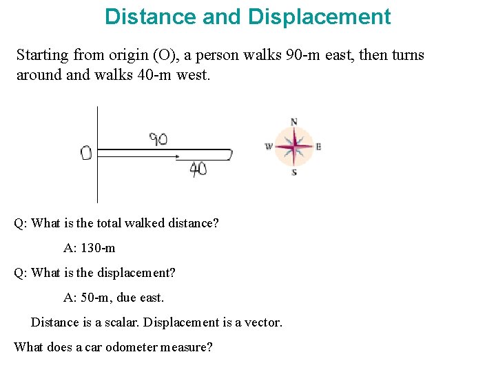 Distance and Displacement Starting from origin (O), a person walks 90 -m east, then