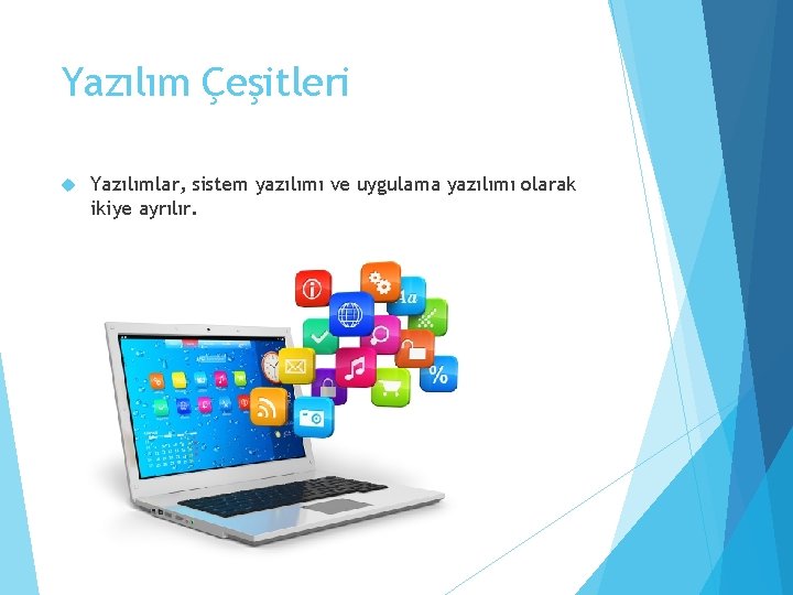 Yazılım Çeşitleri Yazılımlar, sistem yazılımı ve uygulama yazılımı olarak ikiye ayrılır. 