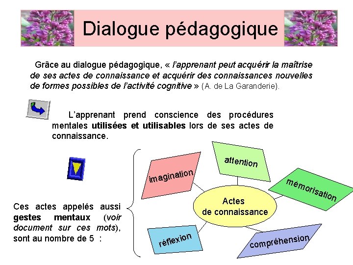 Dialogue pédagogique Grâce au dialogue pédagogique, « l’apprenant peut acquérir la maîtrise de ses