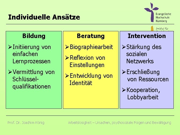 Individuelle Ansätze Bildung ØInitiierung von einfachen Lernprozessen ØVermittlung von Schlüsselqualifikationen Prof. Dr. Joachim König