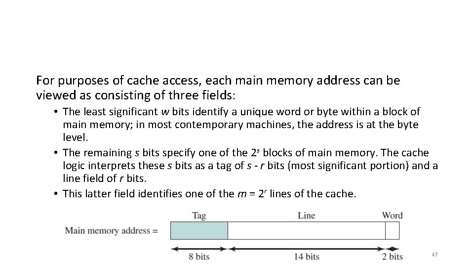 For purposes of cache access, each main memory address can be viewed as consisting