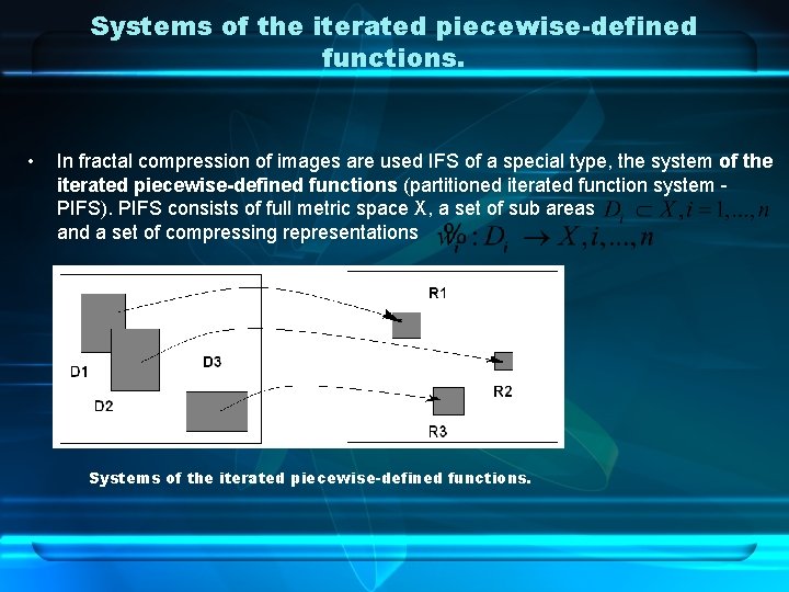 Systems of the iterated piecewise-defined functions. • In fractal compression of images are used