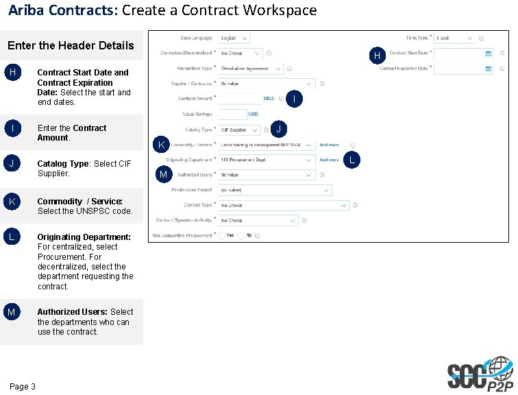 Ariba Contracts: Create a Contract Workspace Enter the Header Details H I J Contract