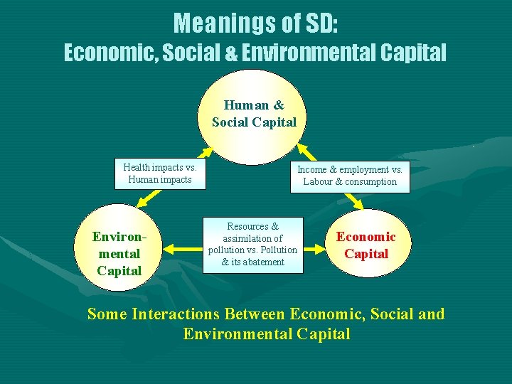 Meanings of SD: Economic, Social & Environmental Capital Human & Social Capital Health impacts