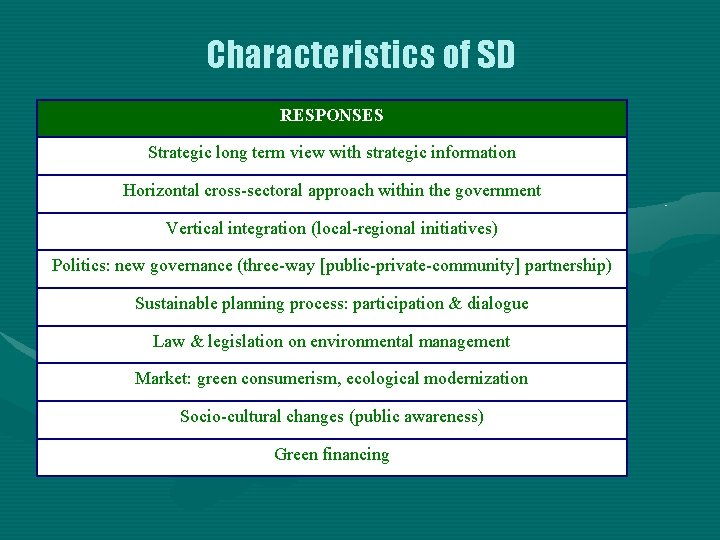 Characteristics of SD RESPONSES Strategic long term view with strategic information Horizontal cross-sectoral approach