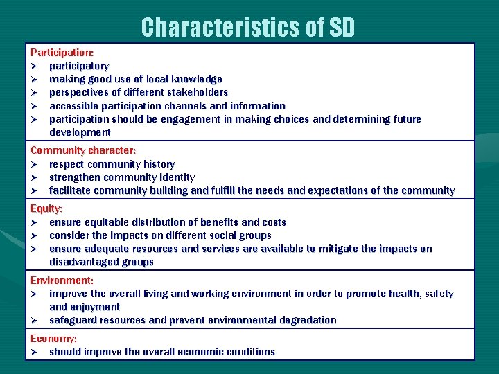 Characteristics of SD Participation: Ø participatory Ø making good use of local knowledge Ø