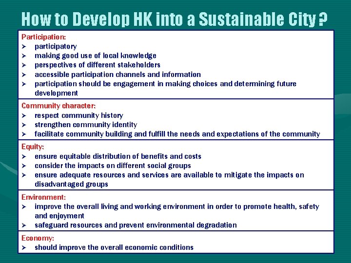 How to Develop HK into a Sustainable City ? Participation: Ø participatory Ø making