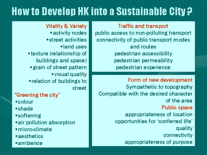 How to Develop HK into a Sustainable City ? Vitality & Variety • activity