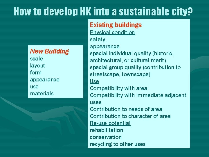 How to develop HK into a sustainable city? Existing buildings New Building scale layout