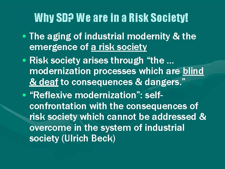 Why SD? We are in a Risk Society! • The aging of industrial modernity