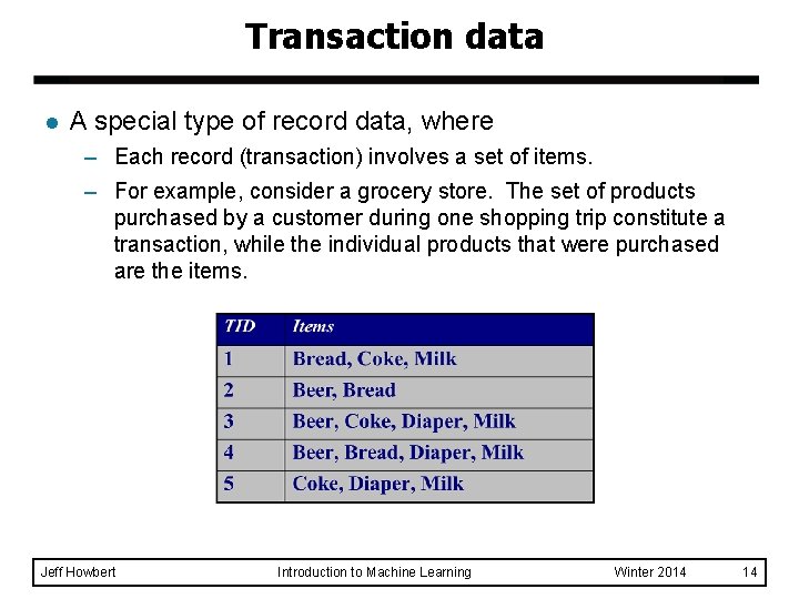 Transaction data l A special type of record data, where – Each record (transaction)