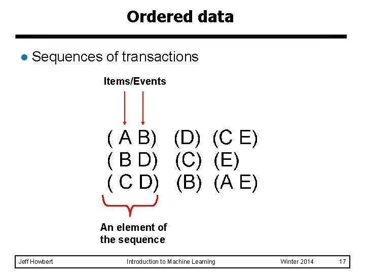 Ordered data l Sequences of transactions Items/Events An element of the sequence Jeff Howbert