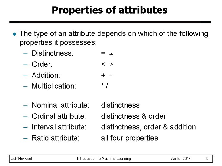 Properties of attributes l The type of an attribute depends on which of the