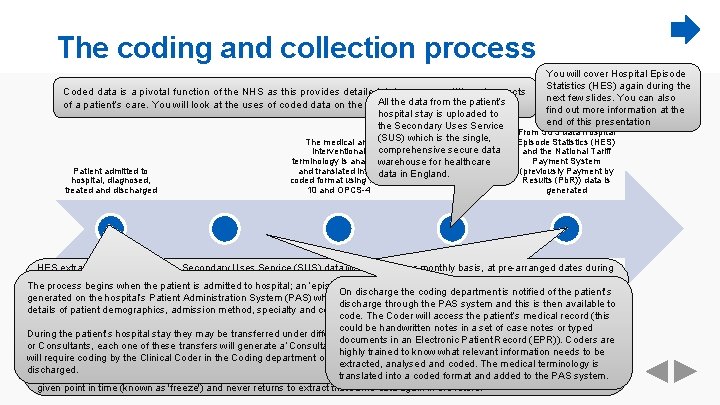 The coding and collection process You will cover Hospital Episode Statistics (HES) again during