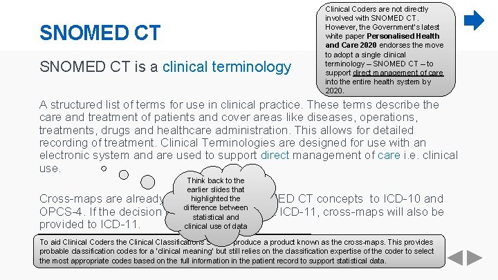 SNOMED CT is a clinical terminology Clinical Coders are not directly involved with SNOMED