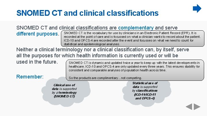 SNOMED CT and clinical classifications are complementary and serve different purposes. SNOMED CT is
