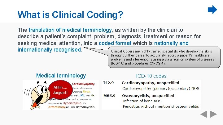 What is Clinical Coding? The translation of medical terminology, as written by the clinician