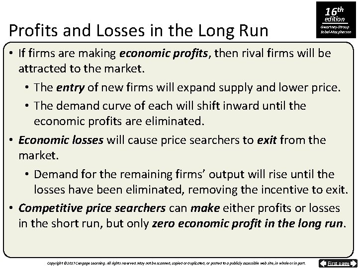 Profits and Losses in the Long Run 16 th edition Gwartney-Stroup Sobel-Macpherson • If