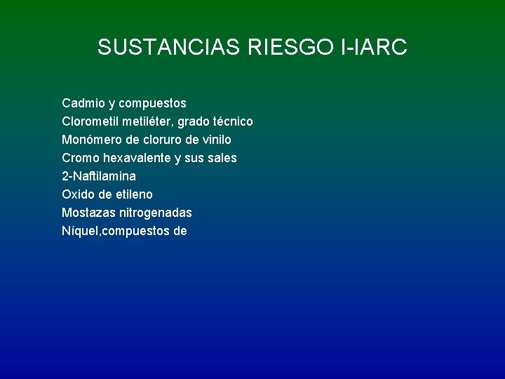 SUSTANCIAS RIESGO I-IARC Cadmio y compuestos Clorometiléter, grado técnico Monómero de cloruro de vinilo