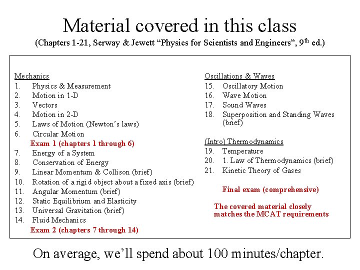 Material covered in this class (Chapters 1 -21, Serway & Jewett “Physics for Scientists