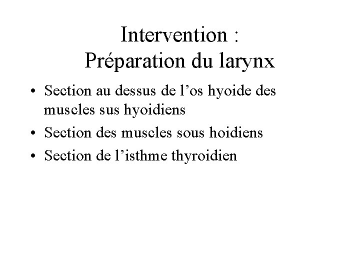 Intervention : Préparation du larynx • Section au dessus de l’os hyoide des muscles