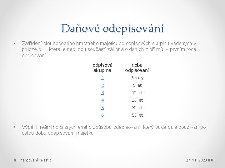 Daňové odepisování • • Zatřídění dlouhodobého hmotného majetku do odpisových skupin uvedených v příloze