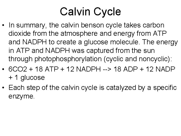 Calvin Cycle • In summary, the calvin benson cycle takes carbon dioxide from the