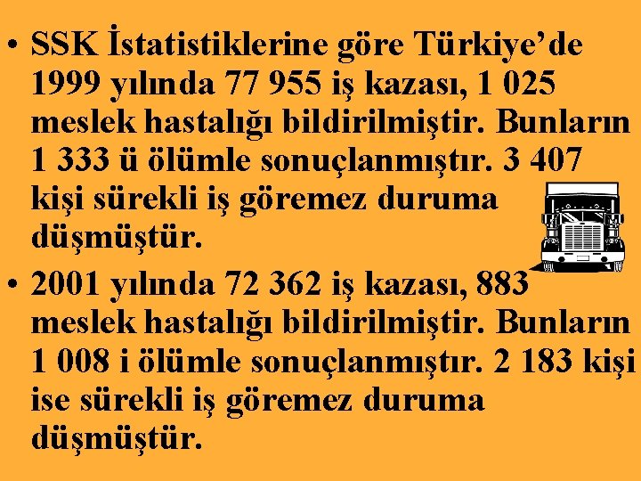  • SSK İstatistiklerine göre Türkiye’de 1999 yılında 77 955 iş kazası, 1 025