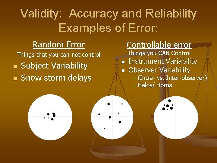 Validity: Accuracy and Reliability Examples of Error: Random Error Controllable error Things you CAN