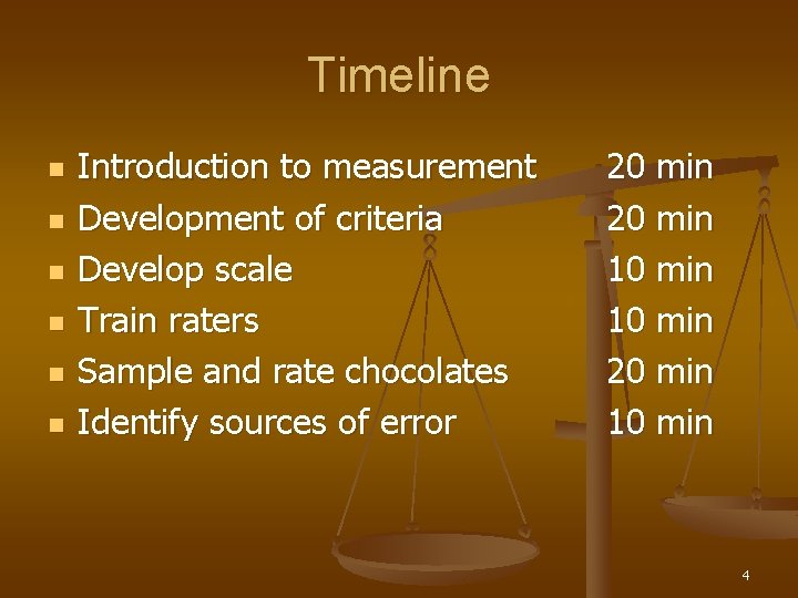 Timeline n n n Introduction to measurement Development of criteria Develop scale Train raters