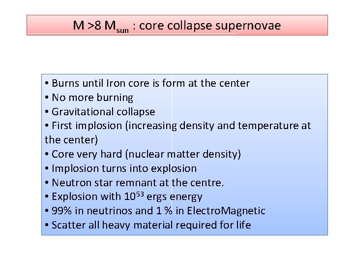 M >8 Msun : core collapse supernovae • Burns until Iron core is form