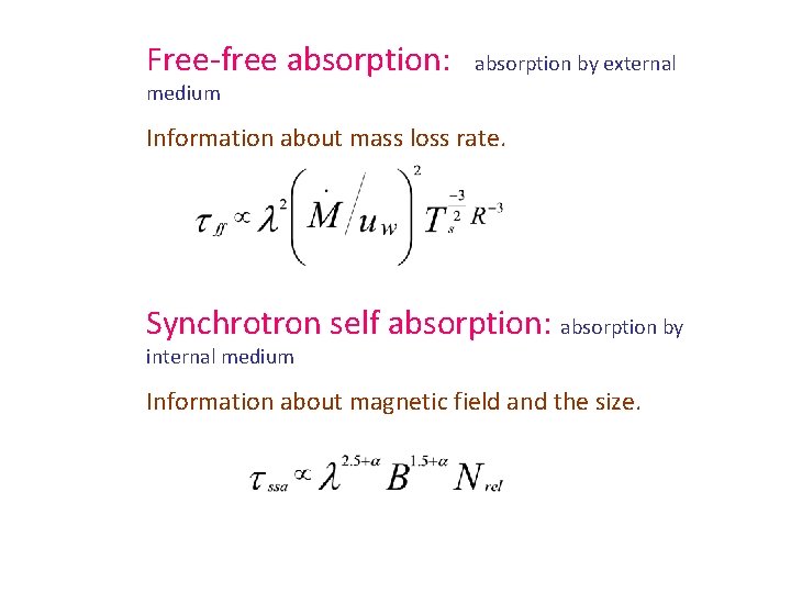 Free-free absorption: absorption by external medium Information about mass loss rate. Synchrotron self absorption: