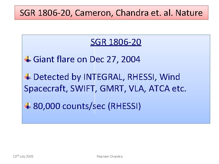 SGR 1806 -20, Cameron, Chandra et. al. Nature SGR 1806 -20 Giant flare on