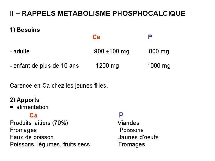 II – RAPPELS METABOLISME PHOSPHOCALCIQUE 1) Besoins Ca P - adulte 900 ± 100