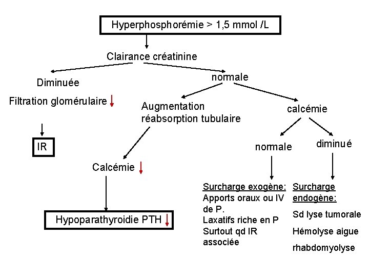 Hyperphosphorémie > 1, 5 mmol /L Clairance créatinine normale Diminuée Filtration glomérulaire Augmentation réabsorption