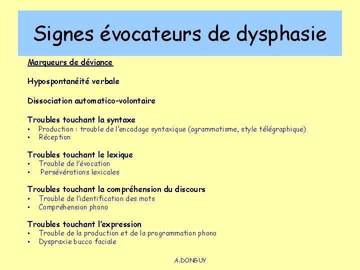 Signes évocateurs de dysphasie Marqueurs de déviance Hypospontanéité verbale Dissociation automatico-volontaire Troubles touchant la