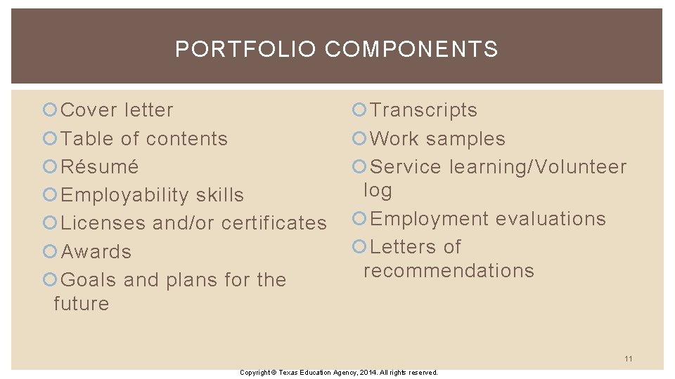 PORTFOLIO COMPONENTS Cover letter Table of contents Résumé Employability skills Licenses and/or certificates Awards