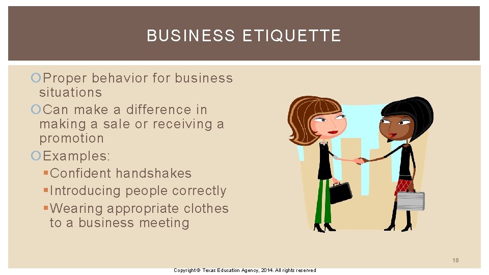 BUSINESS ETIQUETTE Proper behavior for business situations Can make a difference in making a