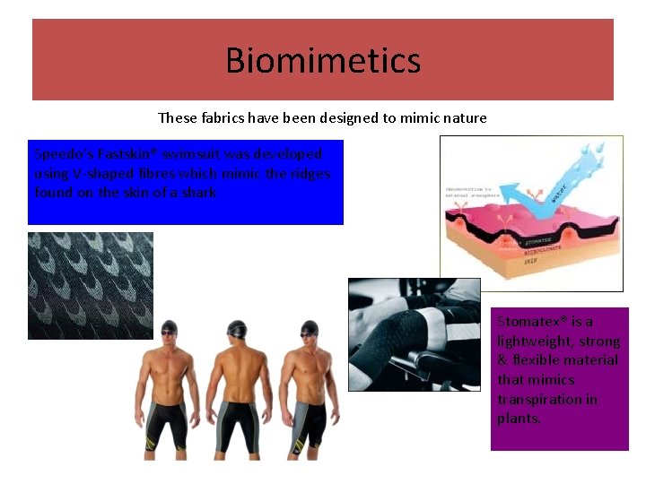 Biomimetics These fabrics have been designed to mimic nature Speedo’s Fastskin® swimsuit was developed