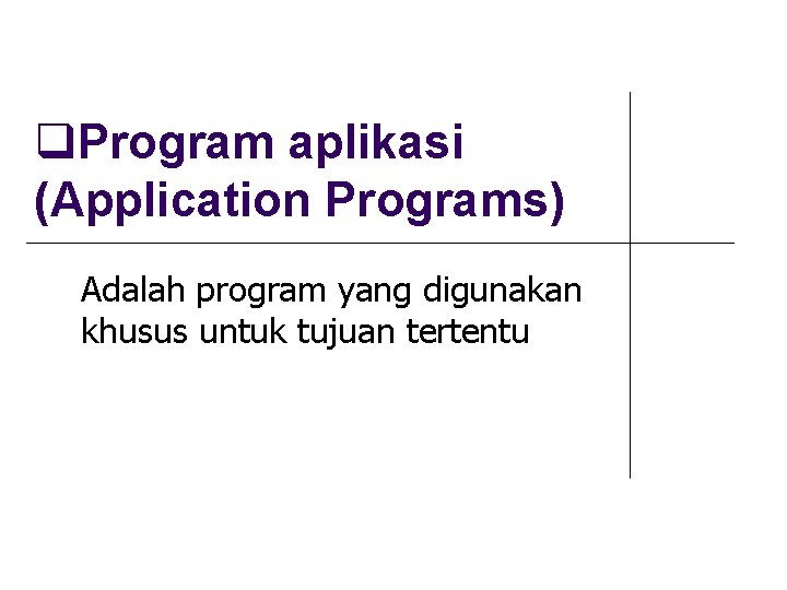  Program aplikasi (Application Programs) Adalah program yang digunakan khusus untuk tujuan tertentu 