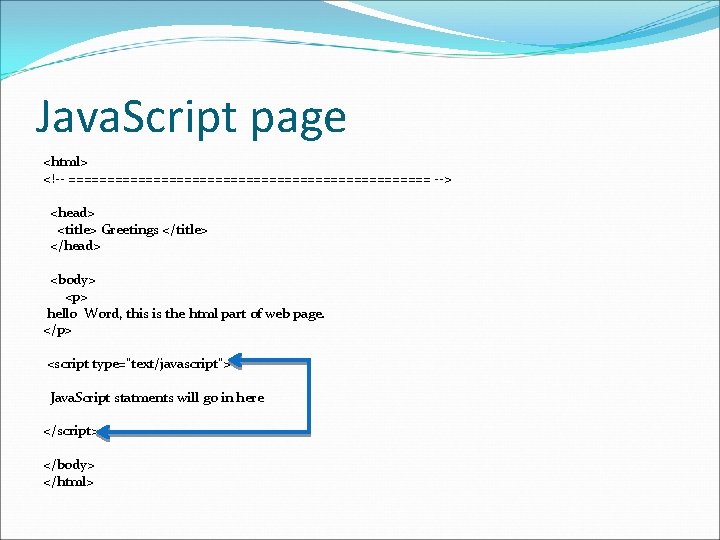 Java. Script page <html> <!-- ======================== --> <head> <title> Greetings </title> </head> <body> <p>