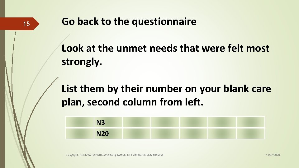 15 Go back to the questionnaire Look at the unmet needs that were felt