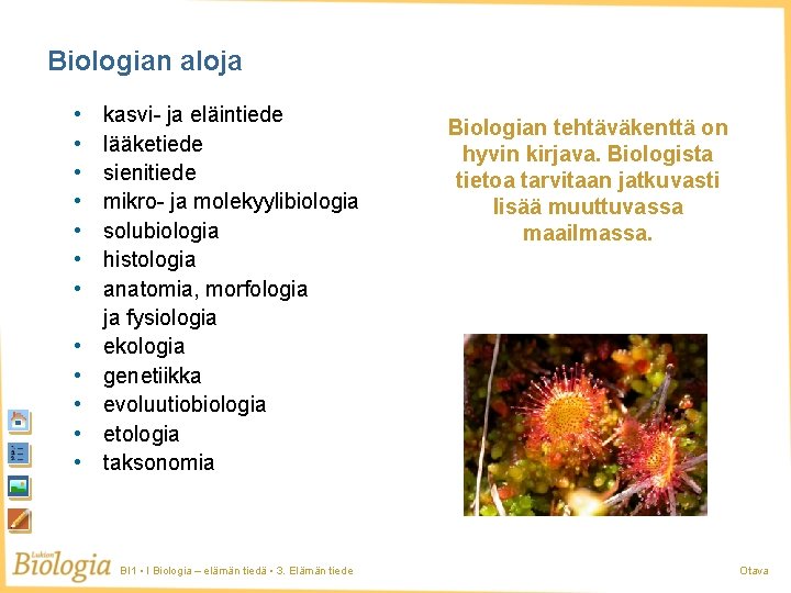 Biologian aloja • • • kasvi- ja eläintiede lääketiede sienitiede mikro- ja molekyylibiologia solubiologia