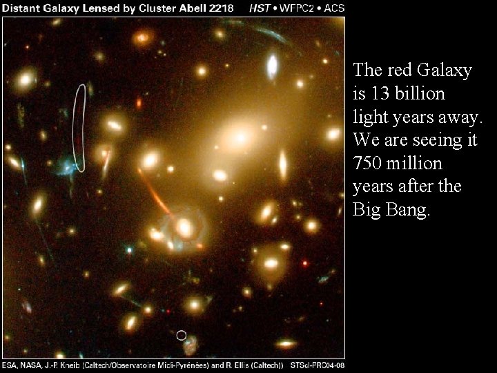 The red Galaxy is 13 billion light years away. We are seeing it 750