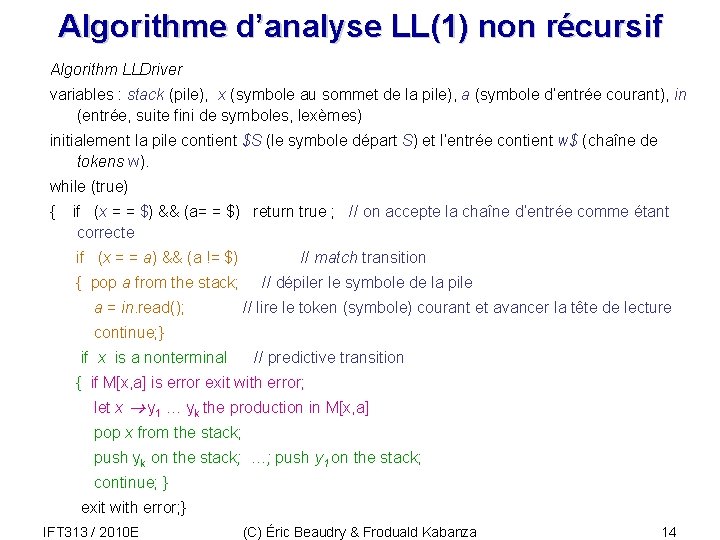 Algorithme d’analyse LL(1) non récursif Algorithm LLDriver variables : stack (pile), x (symbole au