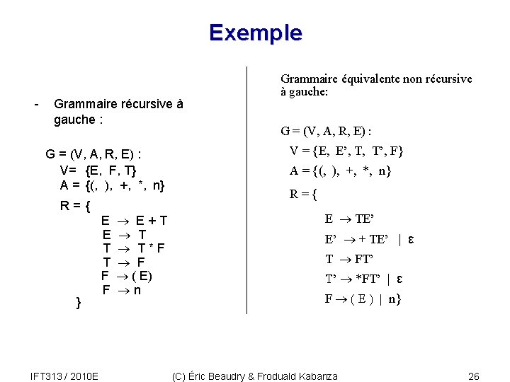 Exemple - Grammaire récursive à gauche : G = (V, A, R, E) :