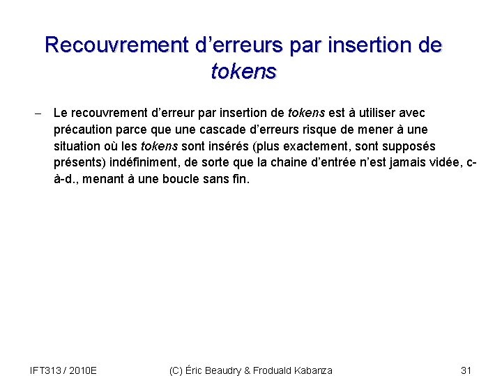 Recouvrement d’erreurs par insertion de tokens - Le recouvrement d’erreur par insertion de tokens