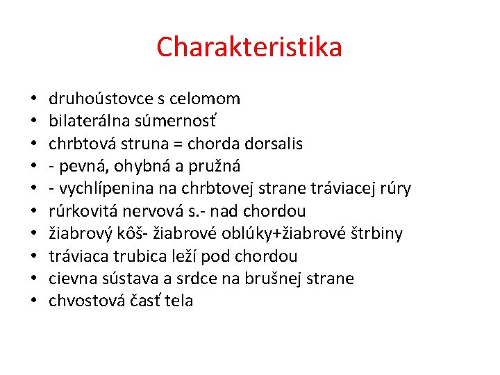 Charakteristika • • • druhoústovce s celomom bilaterálna súmernosť chrbtová struna = chorda dorsalis