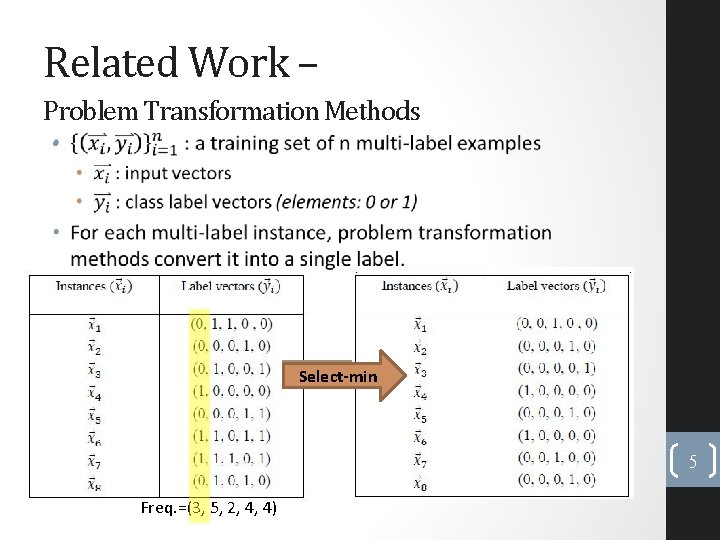 Related Work – Problem Transformation Methods • Select-max Select-min 5 Freq. =(3, 5, 2,